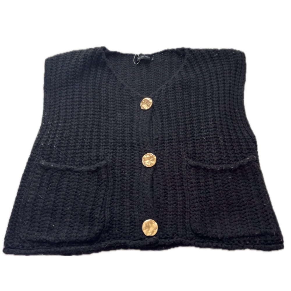 black chunky knit cardigan with gold buttons